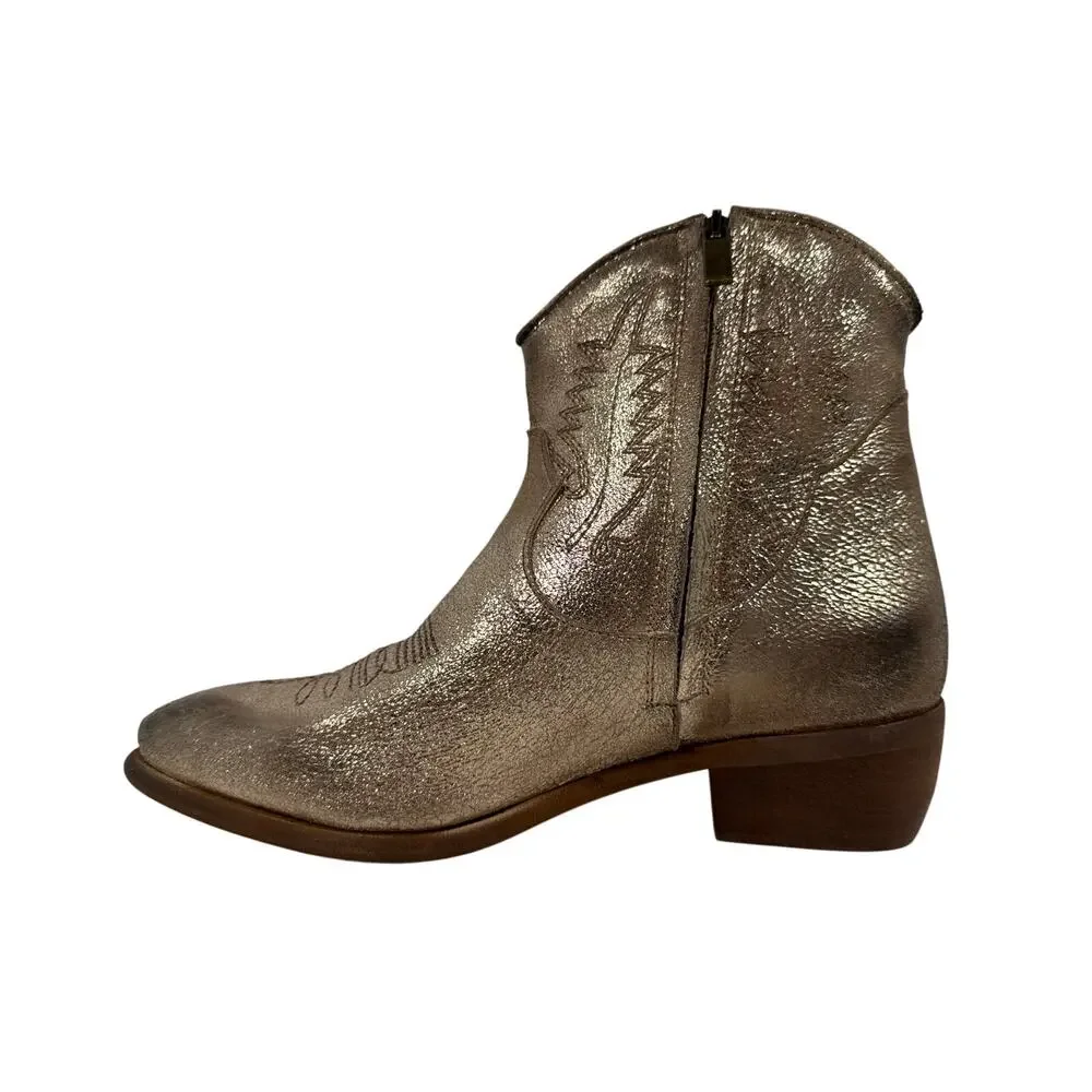 Sesto Meucci Texric‎ Western Ankle Bootie Womens 9 Italian Leather Metallic Gold